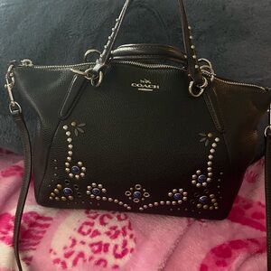 Coach Black Leather Satchel with Blue & Gold Stud Accents